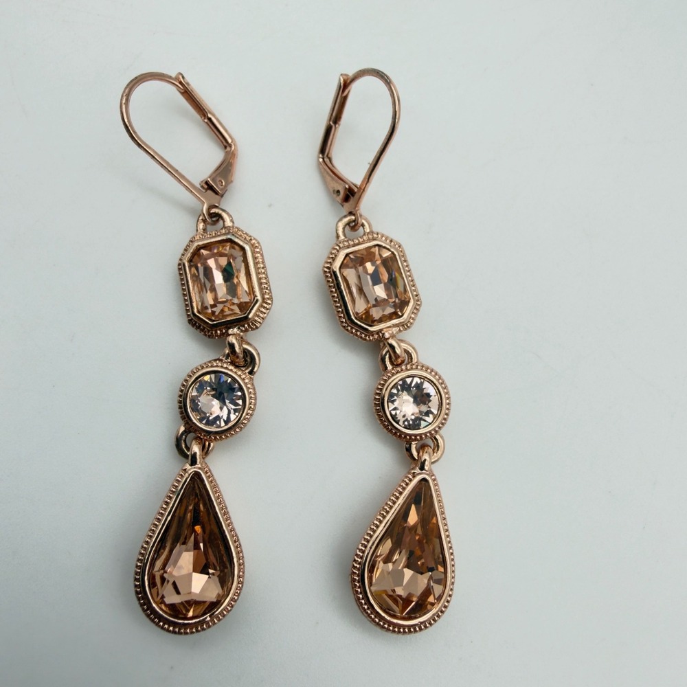 Givenchy Rose Gold Tone Champagne Crystal Triple Drop Lever Back Earrings - Picture 2 of 5